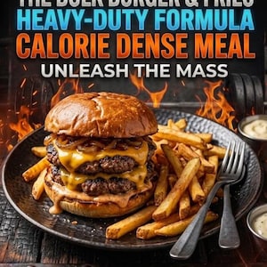 May include: A double-decker burger with melted cheese and fried onions, served with a side of fries. The image includes text: "FOR GAINING MASS, THE BULK BURGER & FRIES, HEAVY-DUTY FORMULA, CALORIE DENSE MEAL, UNLEASH THE MASS." Also, "MASSIVE MACRO BREAKDOWN: 1200+ CALORIES, 130g CARBS | 60g PROTEIN | 65g FATS."