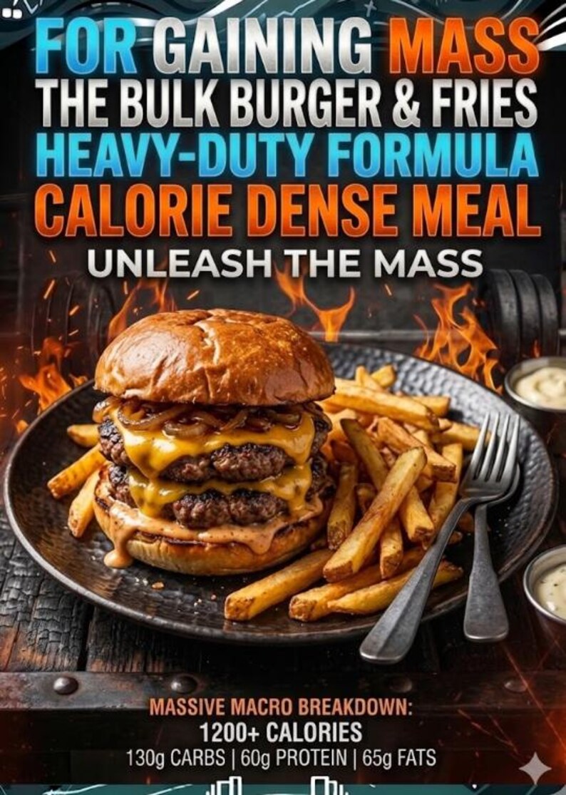 May include: A double-decker burger with melted cheese and fried onions, served with a side of fries. The image includes text: "FOR GAINING MASS, THE BULK BURGER & FRIES, HEAVY-DUTY FORMULA, CALORIE DENSE MEAL, UNLEASH THE MASS." Also, "MASSIVE MACRO BREAKDOWN: 1200+ CALORIES, 130g CARBS | 60g PROTEIN | 65g FATS."