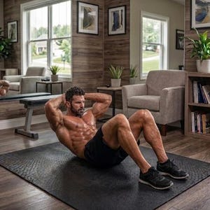 May include: A man performing sit-ups on a black exercise mat. He is wearing black shorts and black trainers. The room features wood paneling, a window, and a mirror.