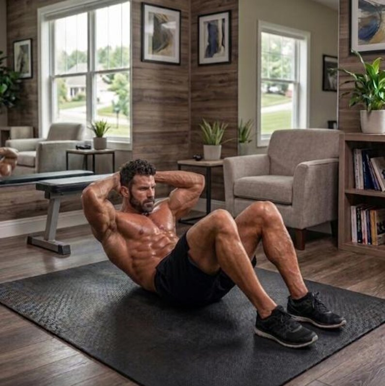 May include: A man performing sit-ups on a black exercise mat. He is wearing black shorts and black trainers. The room features wood paneling, a window, and a mirror.