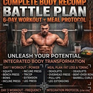 May include: An advertisement for a 6-day workout and meal plan, featuring a muscular man lifting a barbell. The text includes workout routines, meal plans, and an integration protocol for body transformation. A protein shake and a container of food are visible.