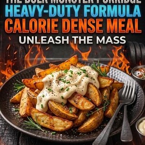 May include: A plate of seasoned potato wedges topped with a creamy sauce and herbs. The image includes text: "FOR GAINING MASS, CALORIE DENSE MEAL, UNLEASH THE MASS." Nutritional information is also displayed: 1200+ calories, 130g carbs, 60g protein, and 65g fats.