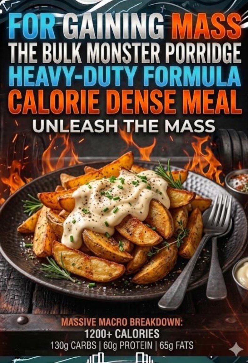 May include: A plate of seasoned potato wedges topped with a creamy sauce and herbs. The image includes text: "FOR GAINING MASS, CALORIE DENSE MEAL, UNLEASH THE MASS." Nutritional information is also displayed: 1200+ calories, 130g carbs, 60g protein, and 65g fats.