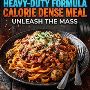 May include: A plate of pasta with meatballs, sauce, and grated cheese. The image includes text that reads "FOR GAINING MASS THE BULK PASTA HEAVY-DUTY FORMULA CALORIE DENSE MEAL UNLEASH THE MASS." The macro breakdown is also listed.