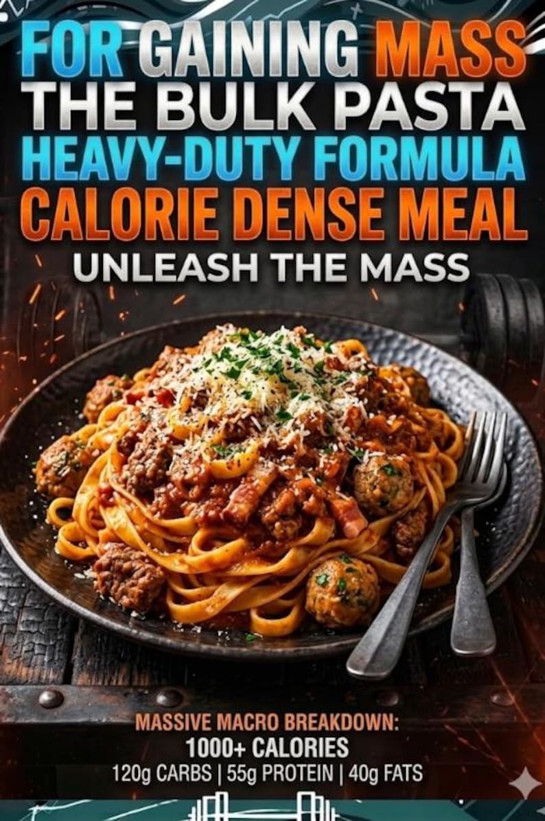 May include: A plate of pasta with meatballs, sauce, and grated cheese. The image includes text that reads "FOR GAINING MASS THE BULK PASTA HEAVY-DUTY FORMULA CALORIE DENSE MEAL UNLEASH THE MASS." The macro breakdown is also listed.