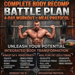 以下が含まれることがあります： 「MY FIT FORMULA COMPLETE BODY RECOMP BATTLE PLAN」のテキストが入ったフィットネスプランのグラフィック。バーベルを持ち上げる筋肉質な人物が特徴で、エクササイズや4日間の分割など、トレーニングと食事プランの詳細が記載されています。