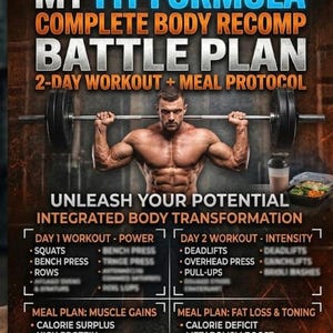 May include: A fitness plan graphic with the text "MY FIT FORMULA COMPLETE BODY RECOMP BATTLE PLAN". It features a muscular man lifting a barbell. The plan includes a 2-day workout and meal protocol, with sections for muscle gains and fat loss.