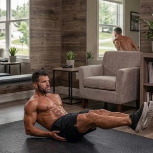 May include: A person is performing a core workout on a black mat. They are wearing black shorts and trainers. The background includes a mirror, a window, a chair, and a bookshelf. The room has wooden paneling.