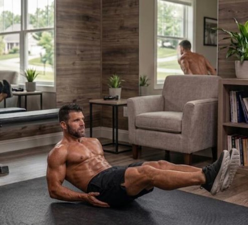 May include: A person is performing a core workout on a black mat. They are wearing black shorts and trainers. The background includes a mirror, a window, a chair, and a bookshelf. The room has wooden paneling.