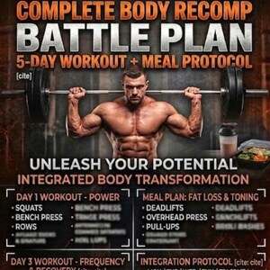 May include: A fitness infographic with the text "MY FIT FORMULA COMPLETE BODY RECOMP BATTLE PLAN" and a 5-day workout and meal plan. The image includes a muscular person lifting weights and lists exercises and meal plan components.