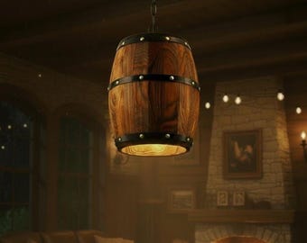 Weinfass Pendelleuchte Rustikal Holz Eisen Hängelampe Vintage Industrie Bauernhaus Deckenleuchte Küche Bar Dekor