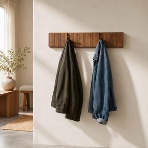 Könnte beinhalten: Ein hölzerner Wand-Kleiderhaken mit vier Haken. Zwei Jacken hängen an den Haken: eine dunkelgrüne Jacke und eine blaue Jeansjacke. Der Kleiderhaken besteht aus vertikalen Holzlatten und ist an einer weißen Wand befestigt.