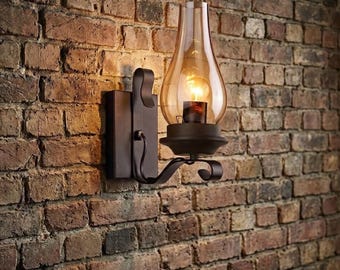 Aplique de pared estilo huracán de hierro negro vintage, rústico industrial, con casquillo E27, lámpara de pared retro de estilo granja.
