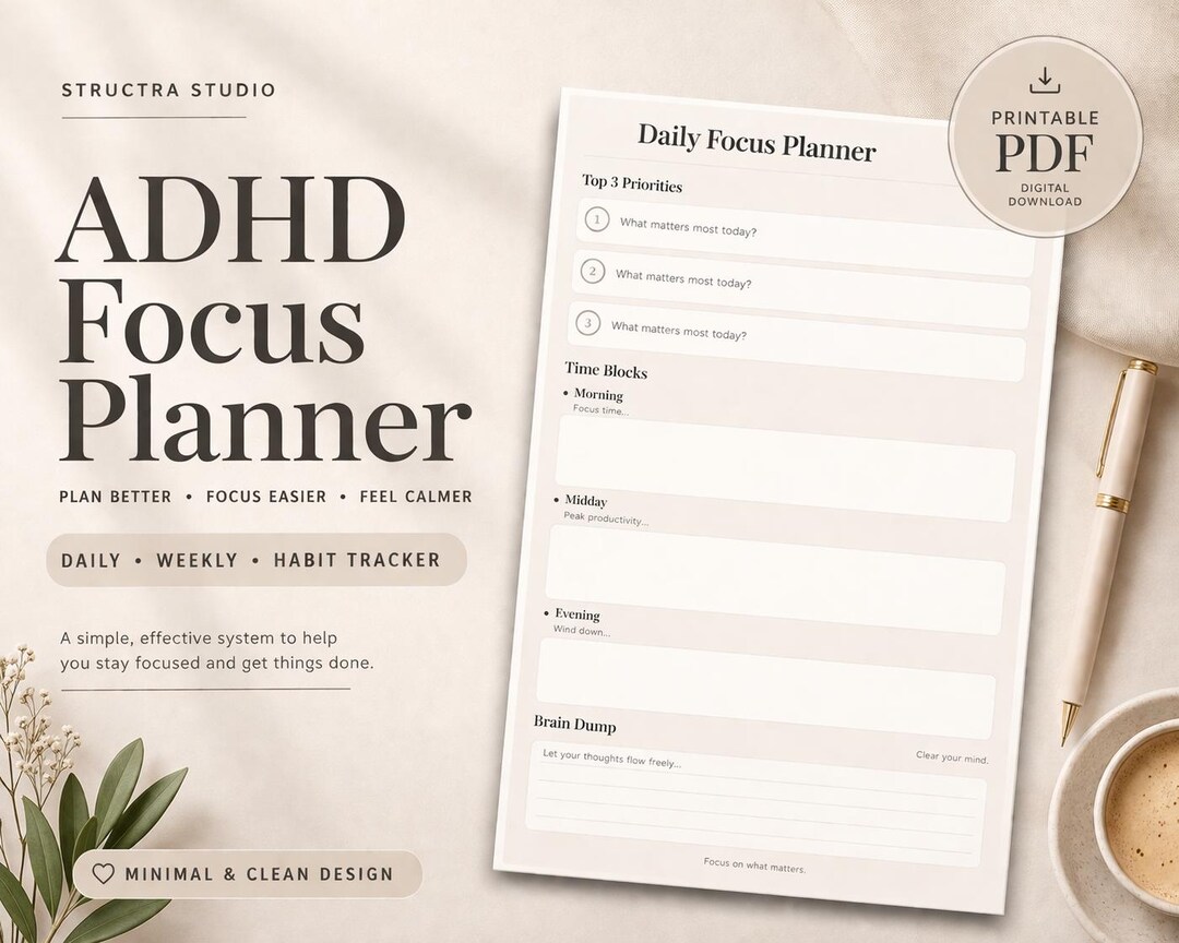 ADHD Planner Printable | Minimal Daily & Weekly Focus Planner | Habit ...