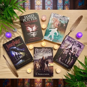 May include: Five hardcover books titled James Potter by G. Norman Lippert, including Crimson Thread, Morrigan Web, At the Crossroads, Curse of the Gatekeeper, and A Vault of Destinies, arranged with small round lights and two feather quills.