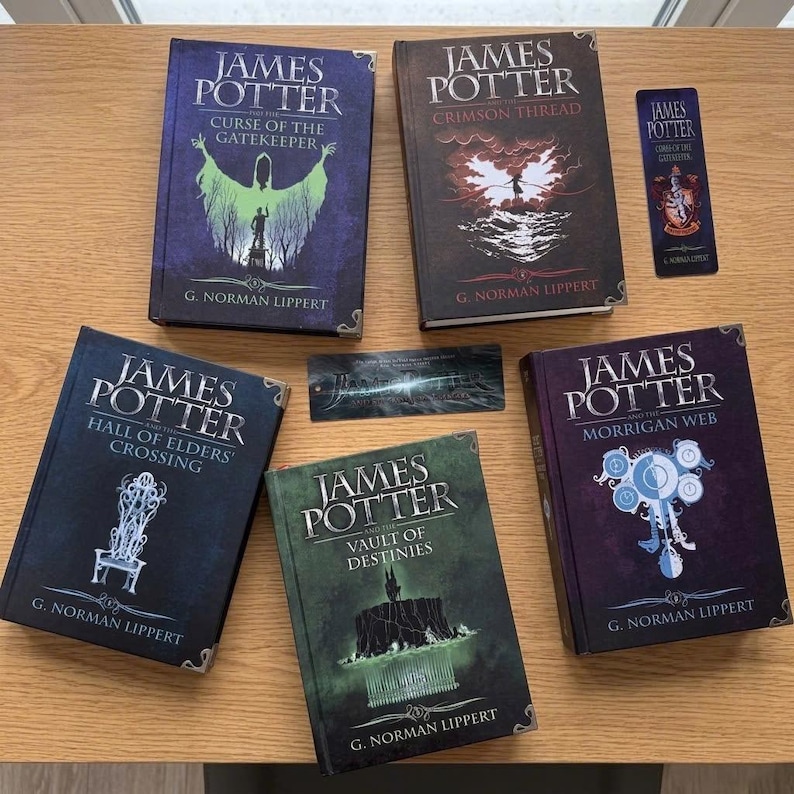 May include: A collection of five hardcover books titled James Potter by G. Norman Lippert, featuring Curse of the Gatekeeper, Crimson Thread, Hall of Elders' Crossing, Vault of Destinies, and Morrigan Web, accompanied by two matching rectangular bookmarks.