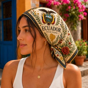 Puede incluir: Un pañuelo de color crema con el escudo de armas de Ecuador, el texto ECUADOR y el texto YOUR NAME. El diseño incluye un mapa dorado de Ecuador, rosas rojas y follaje verde, todo enmarcado por un borde de color azul oscuro y dorado.