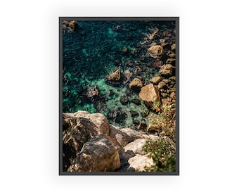 Arte mural costero, lámina del mar Mediterráneo, fotografía de playas de Portugal, decoración oceánica turquesa, paisaje marino minimalista