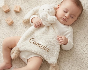 Couverture de sécurité pour animaux en peluche brodée, couverture personnalisée Lovey pour bébé, édredon de lapin avec nom personnalisé, cadeau de baby shower pour nouveau-né