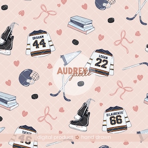 May include: A repeating pattern on a light pink background featuring hand-drawn hockey elements including white jerseys with names and numbers, black skates, hockey sticks, pucks, stacks of books, pink bows, and small hearts. Text reads AUDREY gaelle.