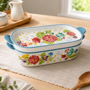 Op de afbeelding: Een rechthoekige ovenschaal van keramiek met bijpassend deksel, voorzien van een kleurrijk bloemenpatroon met rode, gele en paarse bloemen en groene bladeren op een witte achtergrond. De schaal heeft blauwe handgrepen en een blauwe kralenrand.