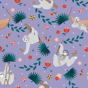 May include: A repeating pattern featuring cartoon sloths hanging from tree branches. The sloths are gray with dark brown eyes and are surrounded by colorful lollipops, butterflies, and flowers on a lavender background.