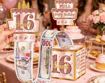 Caja de regalo extraíble rosa oro rosa para dulces 16 – Caja sorpresa para dinero en efectivo de cumpleaños