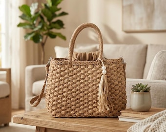 Bolso de paja con borla de perlas hecho a mano - Nuevo bolso cruzado tejido para mujer - Elegante bolso de playa con detalles de perlas