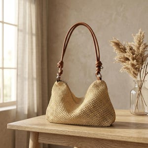 May include: A beige woven shoulder bag with brown leather handles. The bag has a curved shape and is on a wooden table. The handles are knotted at the top and attached to the bag with silver rings. A vase of dried flowers is in the background.