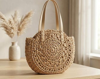 Handmade Straw Shoulder Bag - Hollow Woven Summer Beach Purse - Minimalist Boho Seaside Tote - Fashionable  Vacation Handbag for Women