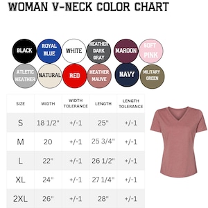 May include: A colour chart for a woman's V-neck shirt, with colour swatches and size measurements. Colours include black, royal blue, white, heather grey, maroon, soft pink, athletic heather, natural, red, heather mauve, navy, and military green. The shirt is a dusty rose colour.