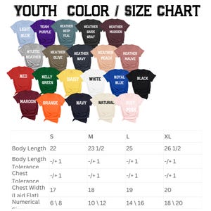 May include: A youth t-shirt colour and size chart. The chart shows various shirt colours, including red, blue, and black, with sizes S to XL. The text "YOUTH COLOR / SIZE CHART" is at the top.