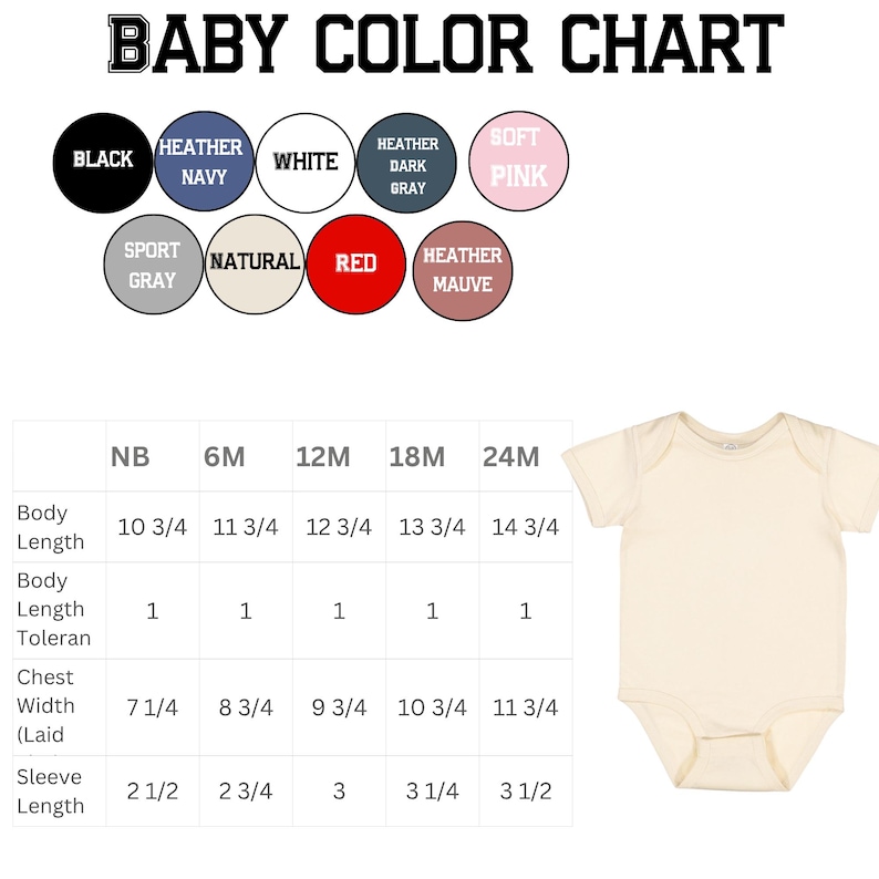 May include: A cream baby bodysuit beside a colour chart with options such as black, navy, white, and pink. The chart includes size measurements for newborns to 24 months, with body length, chest width, and sleeve length in inches.