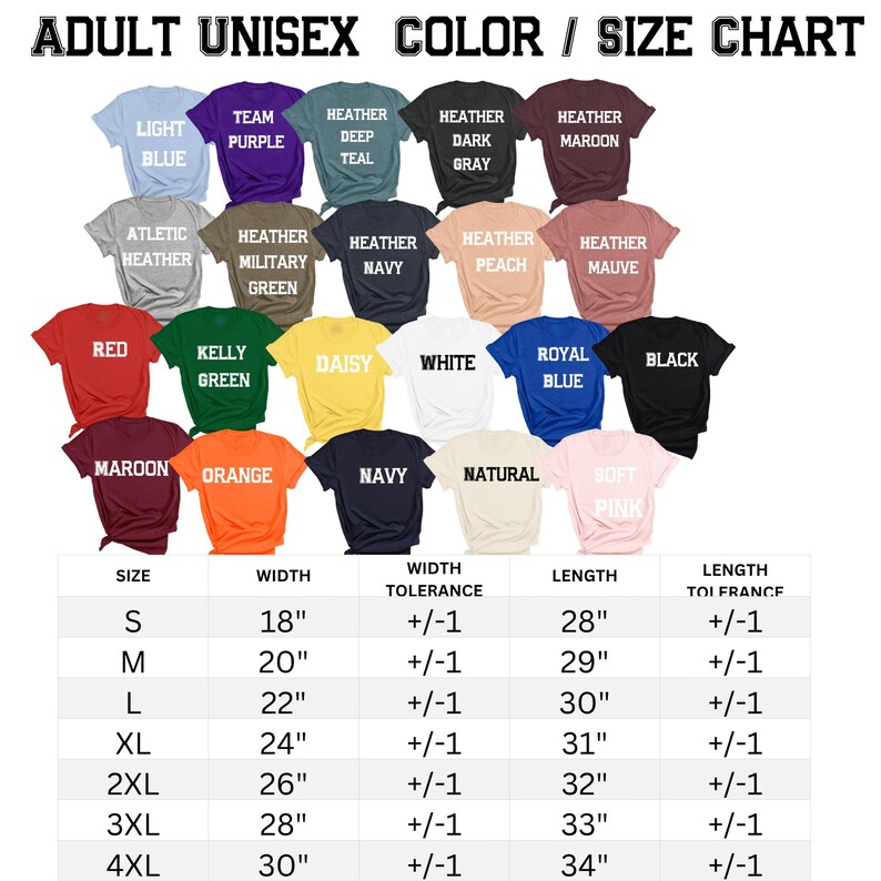K&ouml;nnte beinhalten: Farb- und Gr&ouml;&szlig;entabelle f&uuml;r Unisex-T-Shirts f&uuml;r Erwachsene. Enth&auml;lt eine Vielzahl von Farben wie Rot, Blau und Gr&uuml;n. Die Tabelle listet die Gr&ouml;&szlig;en S bis 4XL auf, mit Breiten von 45.7 cm bis 76.2 cm und L&auml;ngen von 71.1 cm bis 86.4 cm.