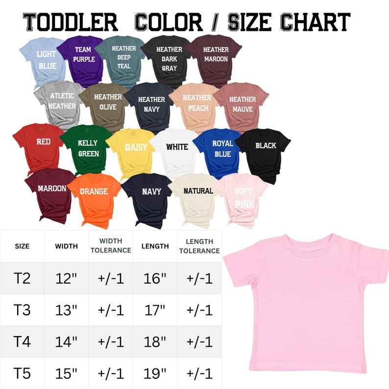 K&ouml;nnte beinhalten: Ein rosa T-Shirt f&uuml;r Kleinkinder wird neben einer Farb- und Gr&ouml;&szlig;entabelle gezeigt. Die Tabelle listet verschiedene T-Shirt-Farben auf, darunter Rot, Blau und Gr&uuml;n, mit Gr&ouml;&szlig;en von T2 bis T5. Die Ma&szlig;e sind in cm angegeben.