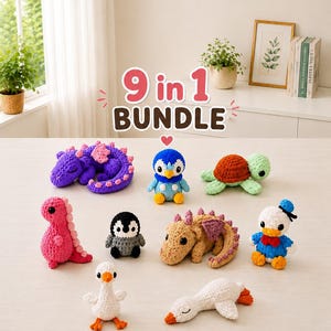 9-in-1 Low Sew Crochet Pattern Bundle | Beginner Amigurumi PDF | Duck Turtle Dragon Penguin Dinosaur | Instant Download Plush Toy