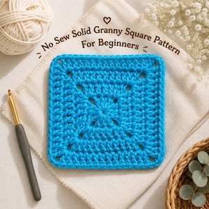 Peut inclure: Un carré crocheté bleu vif avec un motif de points pleins. Le texte "No Sew Solid Granny Square Pattern For Beginners" est imprimé au-dessus du carré. Un crochet gris et doré est placé sur la gauche du carré.