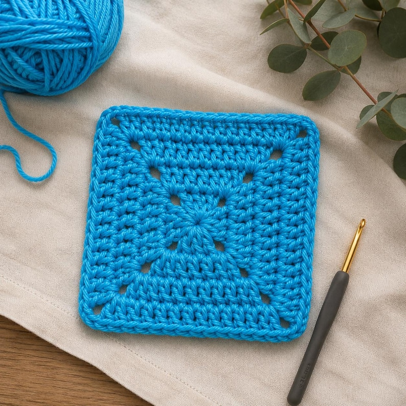May include: A bright blue square crochet motif featuring a central pattern with openwork stitches. A matching ball of blue yarn and a grey-handled crochet hook with a gold-colored metal tip are positioned nearby to complete the crafting set.