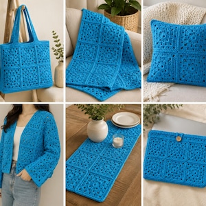 May include: A collection of bright blue crochet items featuring a consistent granny square pattern, including a tote bag, a throw blanket, a square pillow, a long-sleeved cardigan, a rectangular table runner, and a protective laptop sleeve with a button.