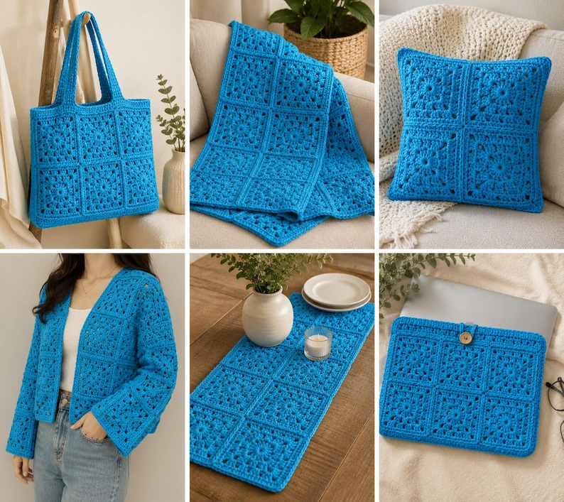 May include: A collection of bright blue crochet items featuring a consistent granny square pattern, including a tote bag, a throw blanket, a square pillow, a long-sleeved cardigan, a rectangular table runner, and a protective laptop sleeve with a button.