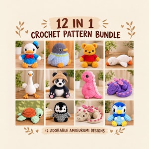 May include: A 12 in 1 crochet pattern bundle featuring 12 adorable amigurumi designs. The image displays a grid of crocheted stuffed animals including a duck, penguin, bear, goose, panda, dinosaur, turtle, and dragon in various colors.