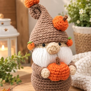 Pumpa-tomtevirkmönster PDF, hösttomte-amigurumi, höst-Halloween-dekor, digital nedladdning för nybörjare