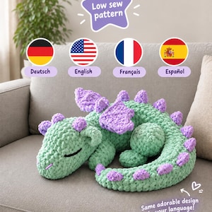 Patrón de ganchillo de dragón durmiente / Peluche amigurumi de baja costura (descarga en PDF)
