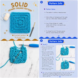 May include: A digital crochet pattern guide for a solid granny square featuring a finished bright blue square, a ball of yarn, and a crochet hook. The document includes written instructions, pattern notes, and step-by-step visual tutorials.