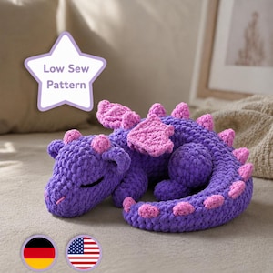 Virkmönster för nybörjare med sovande drake | Low Sew Amigurumi-plysch (PDF-nedladdning)