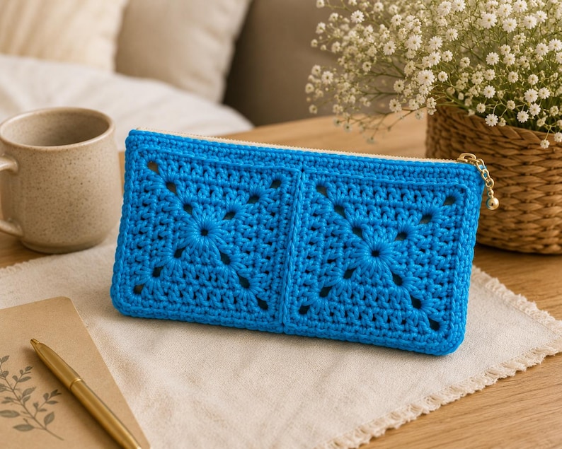 May include: A rectangular crochet pouch in a vibrant blue color, featuring two prominent granny square motifs on the front. The pouch is secured with a gold-toned metal zipper closure that includes a small, round, metallic charm pull attached.