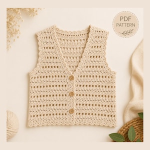 Crochet Vest Pattern PDF | Lacy Button Up Vest | Boho Scalloped Summer Top | Instant Download