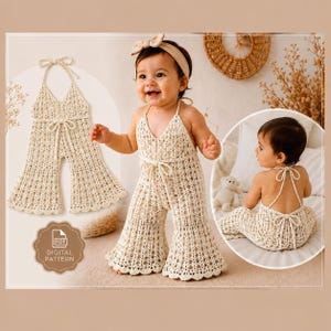 May include: A cream-colored crochet jumpsuit featuring a halter neckline, a tie-waist detail, and flared legs with a scalloped hem. The garment is shown in a front view, a back view, and as a digital pattern file with the text Digital Pattern.