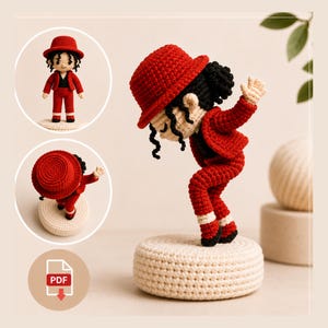 May include: A crochet doll of a performer wearing a red fedora, red jacket, and red trousers with black accents, posed in a dynamic lean on a circular cream-colored base. The set includes a PDF pattern icon and multiple views of the figure.