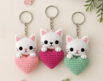 Cat Keychain Crochet Pattern PDF | Amigurumi Heart Cat | Easy Beginner Keyring